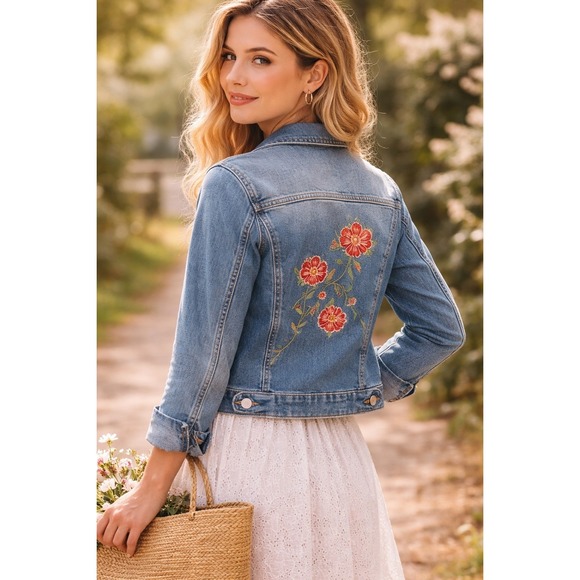refuge Jackets & Blazers - Romantic Floral Embroidered Western Cottagecore Denim Jean Jacket Stretch Sz M